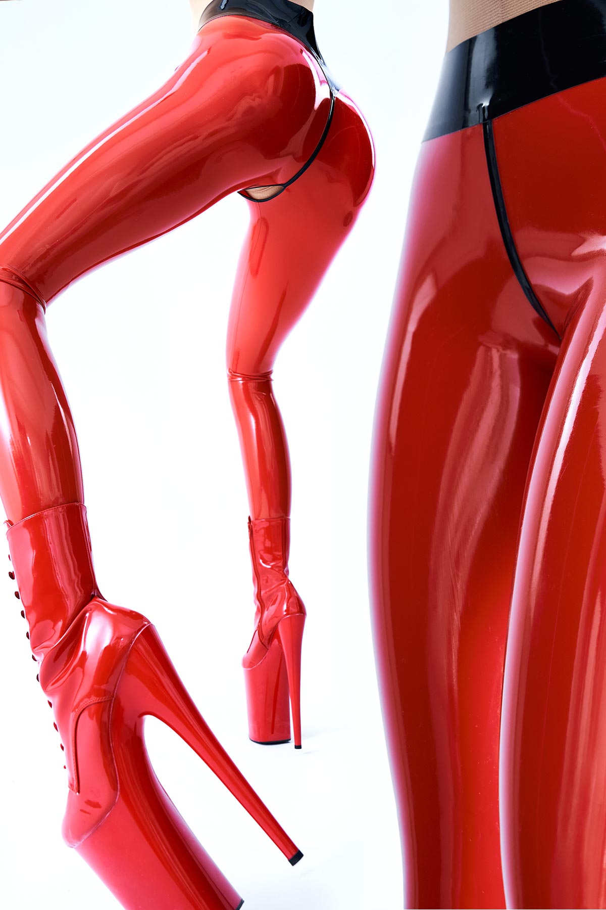 Latex leggings crotch open Shiny red latex leggings that are open at the crotch.