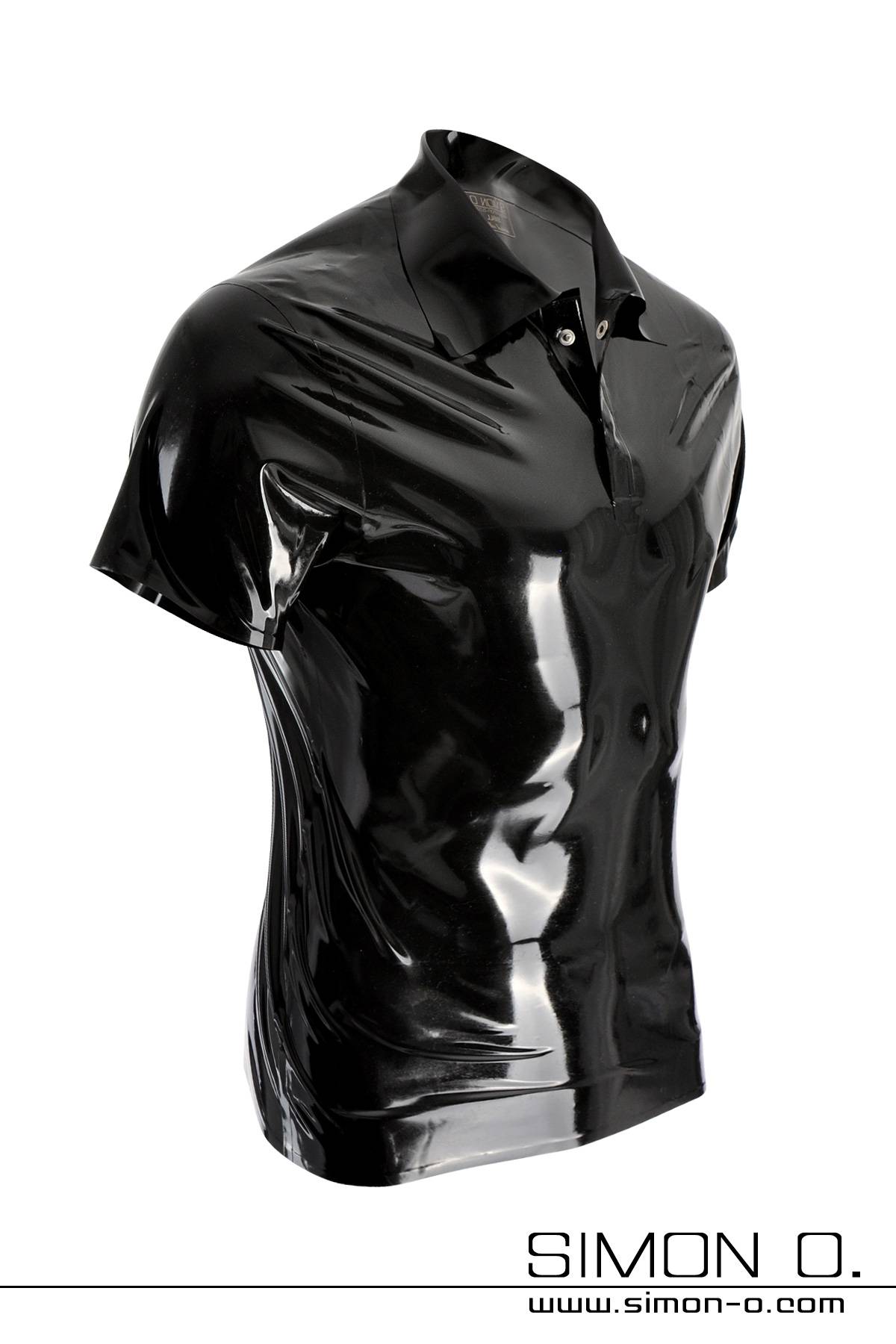 Black latex polo shirt with short sleeves A shiny black latex polo shirt with short sleeves is depicted on a white background, with the "SIMON O." logo at the bottom.