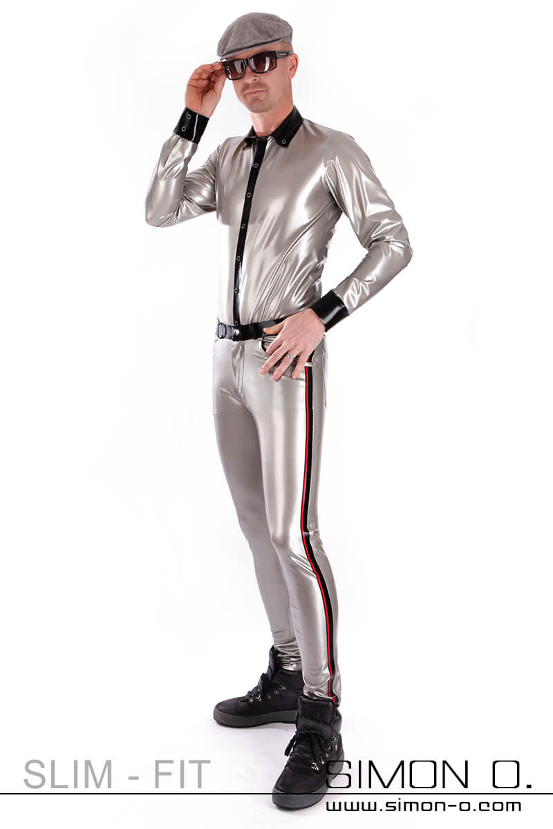 Tight men's latex trousers A man is wearing tight latex trousers with contrasting coloured stripes on the sides. Matching latex shirt in silver.