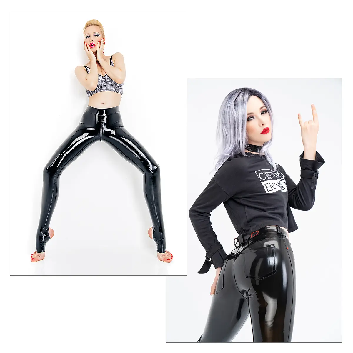 Latex leggings combined with textile clothing Latex leggings combined with textile clothing