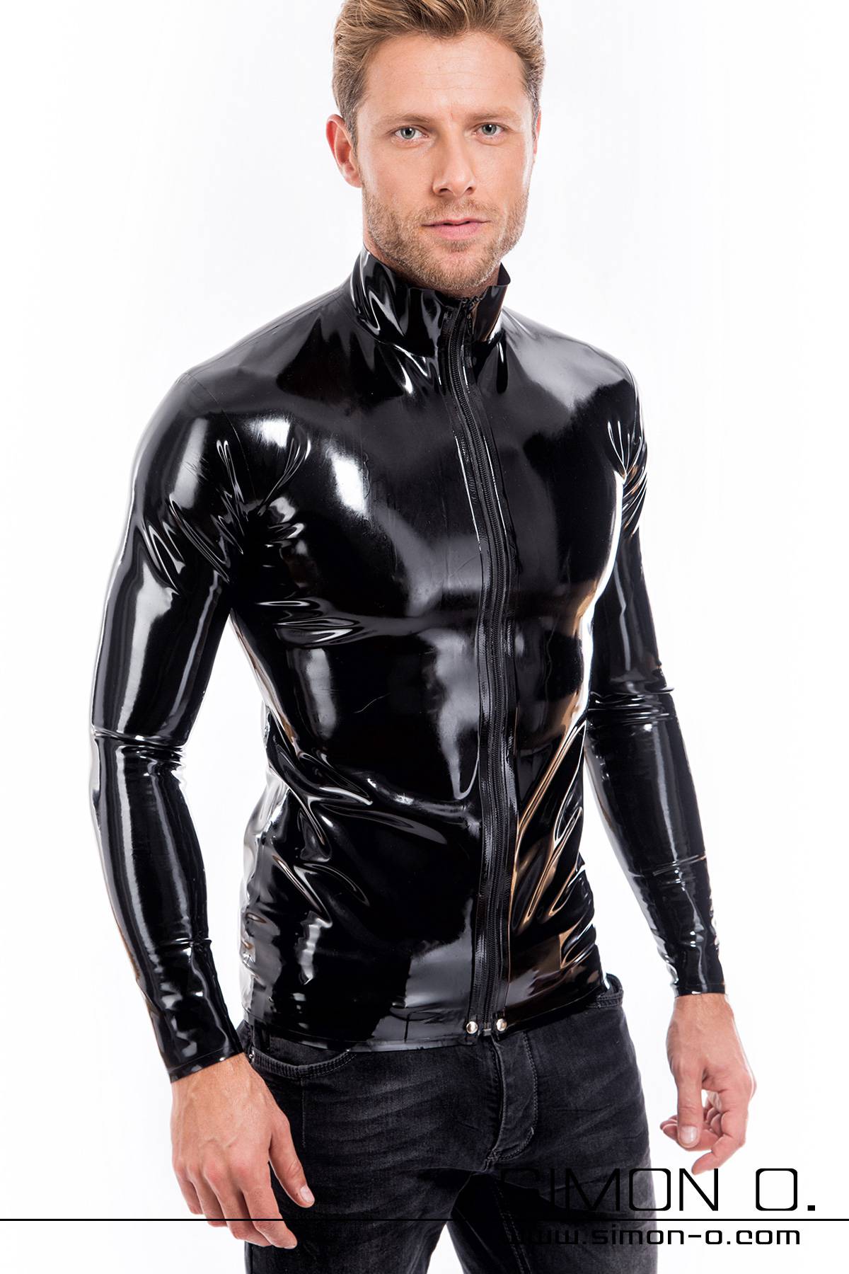 Long Sleeved Latex Shirt with Zipper Long sleeve latex shirt in black seen from the front