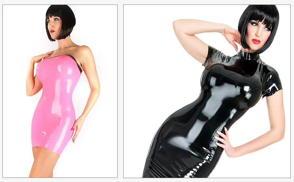 Two women pose in latex dresses, one in an off-the-shoulder pink dress, the other in a short-sleeved black dress with a stand-up collar.