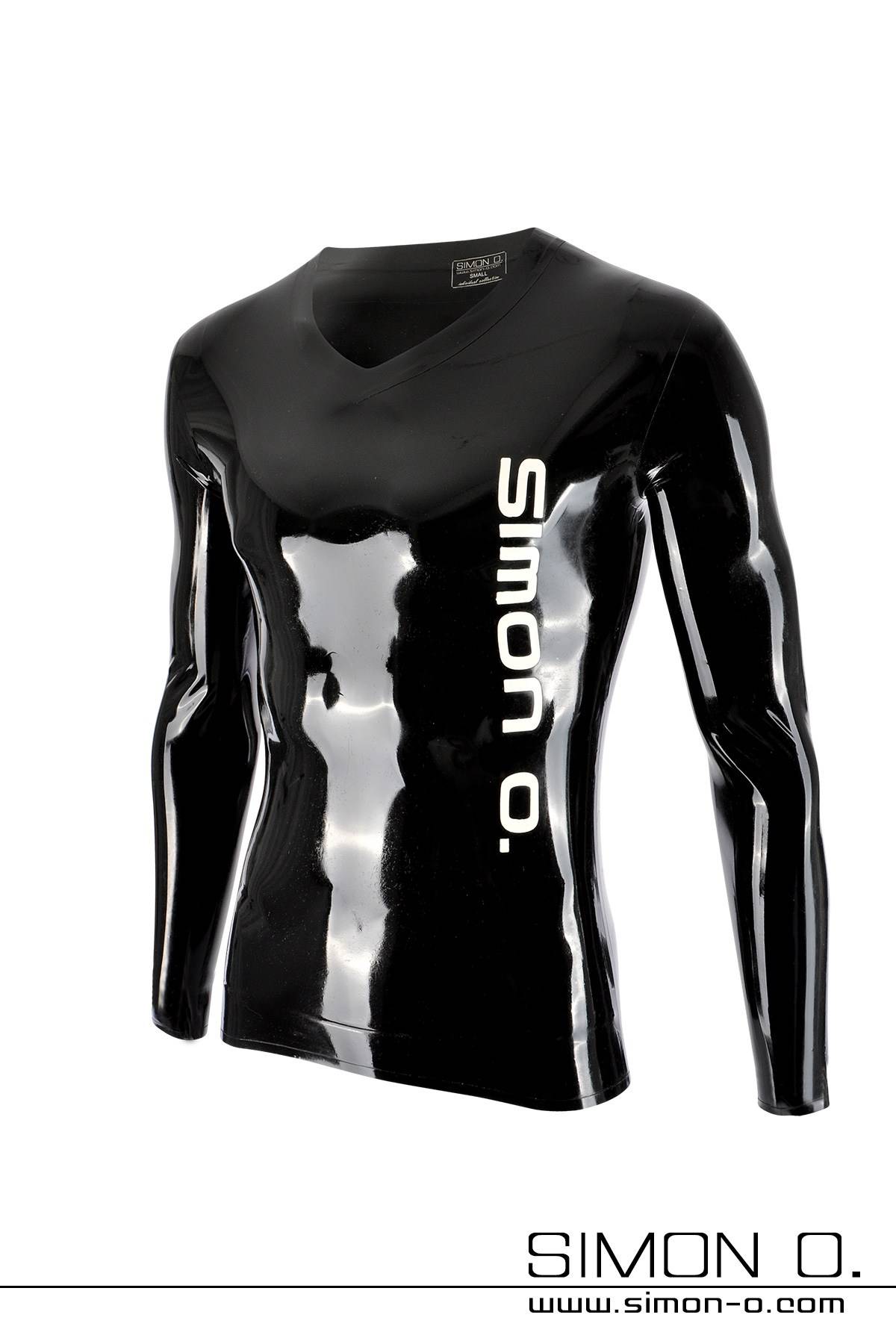 Long sleeve latex shirt in black Shiny long sleeve latex shirt in black with white Simon O. Logo on the front side