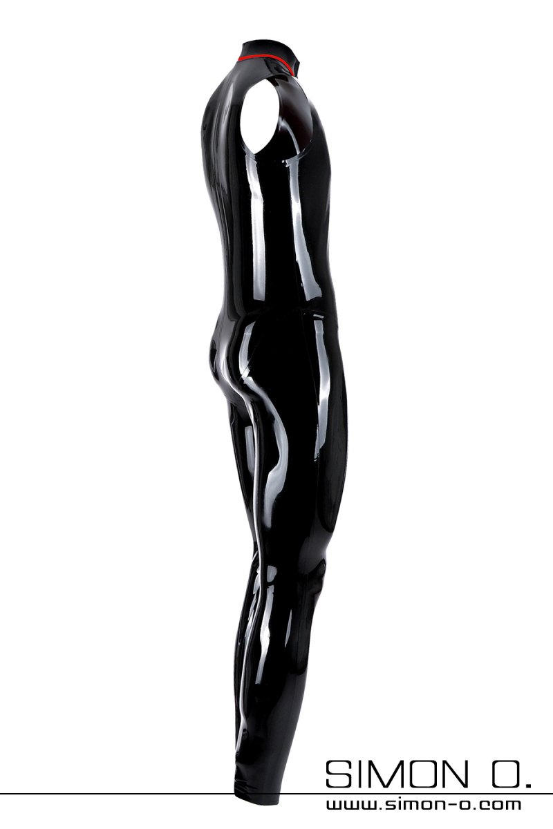 Ärmelloser Latexanzug in Schwarz mit Penisring Hautenger ärmelloser Latexanzug mit Stehkragen in Schwarz mit Penisring