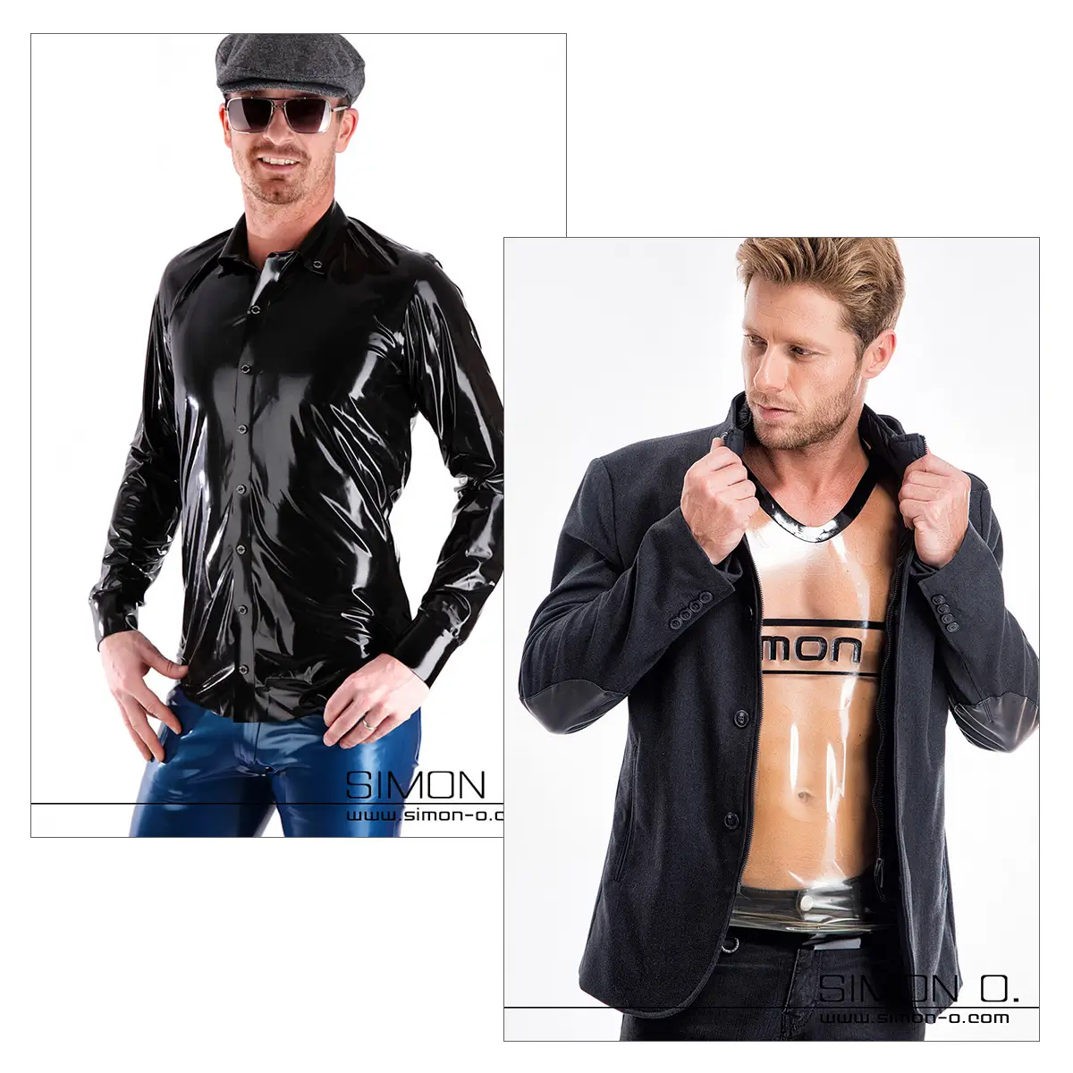 Latex Mode für Herren Zwei Männer modellieren Herren-Latex-Mode; der eine trägt ein glänzendes schwarzes Hemd und eine blaue Hose, der andere einen dunklen Blazer über einem transparenten Hemd mit SIMON-Text.
