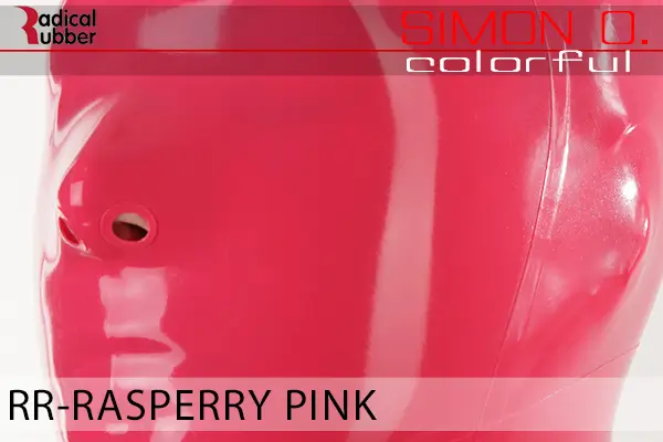 Rasperry Pink Latex Farbmuster Rasperry Pink für Latexkleidung. Nahaufnahme einer Latexmaske. Der Text lautet „Radical Rubber“ und „Simon O. Colourful RR-Rasperry Pink“.
