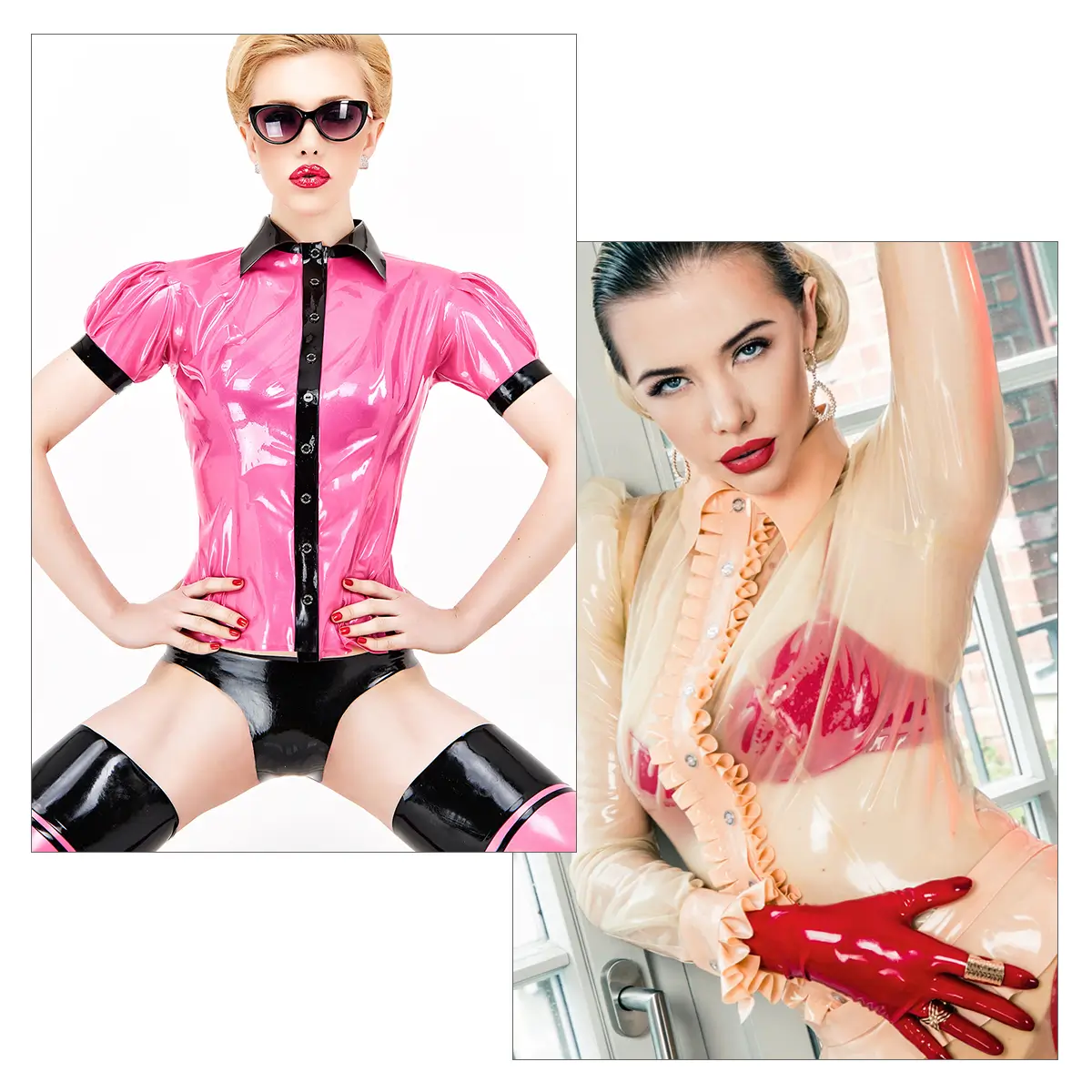 Glänzende Latex Blusen Zwei Frauen in glänzenden Latexblusen - eine in Rosa mit schwarzen Akzenten, die andere in einem durchsichtigen Top und roten Handschuhen - posieren selbstbewusst.