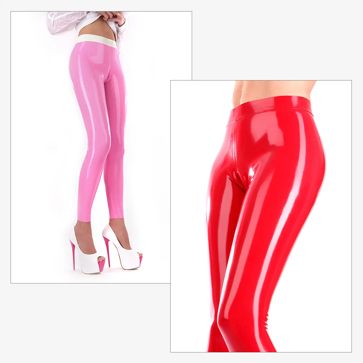 Zwei Bilder von glänzenden engen Latex-Leggings: eine in rosa mit passenden High heels, von hinten betrachtet, und eine rote von vorne, die den Cameltoe-Effekt zeigt.