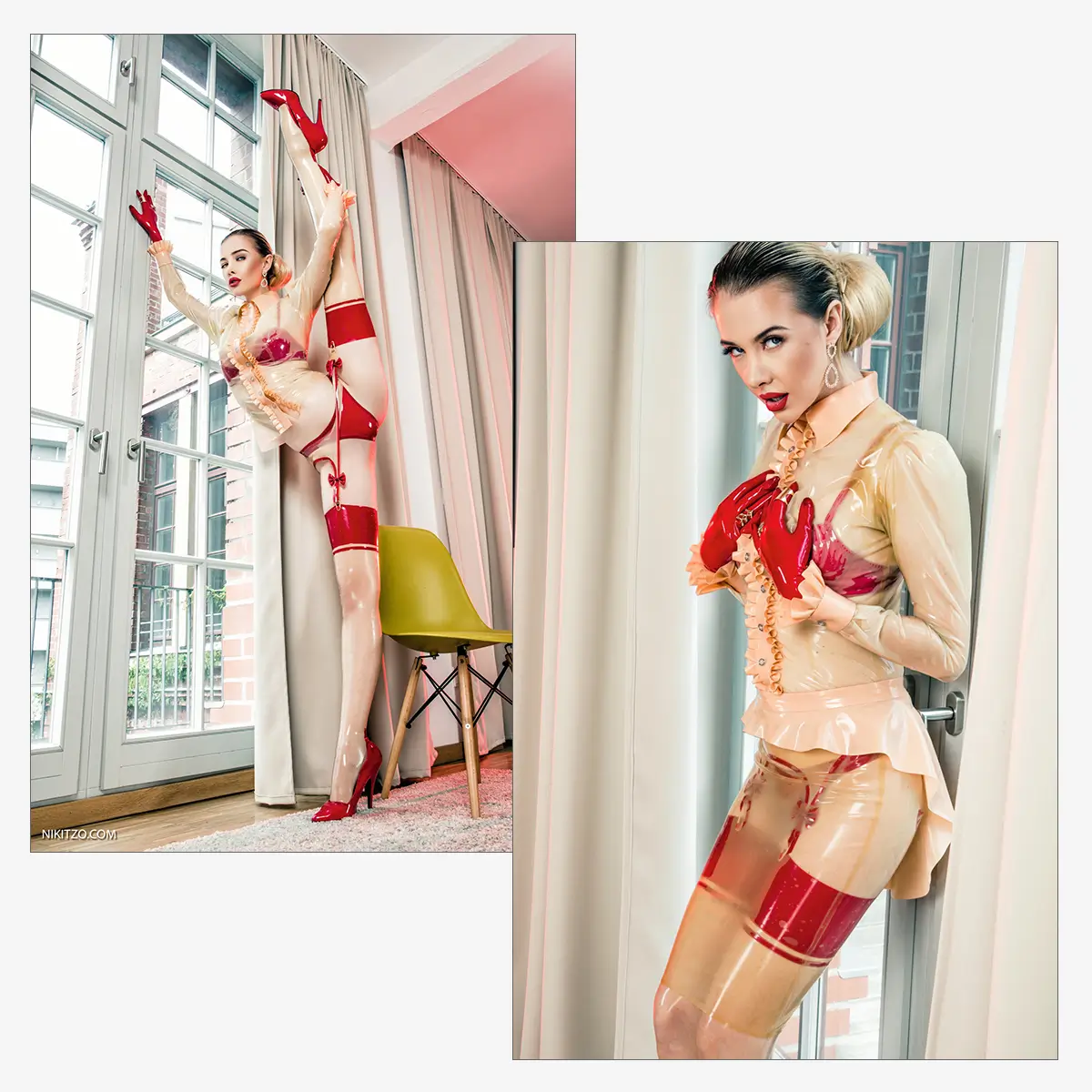 Durchsichtiger Latexunterwäsche mit roten Akzenten Zwei Bilder einer Frau in durchsichtiger Latexunterwäsche mit roten Akzenten und Handschuhen, die an großen Fenstern und neben einem grünen Stuhl posiert.