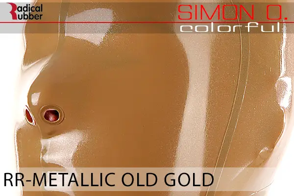 Metallic Old Gold Latex Farbmuster Metallic Old Gold für Latexkleidung. Nahaufnahme einer Latexmaske. Der Text lautet „Radical Rubber“ und „Simon O. Colourful RR-Metallic Old Gold“.