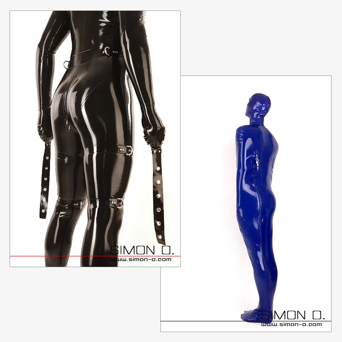 Pictured are two people in a bondage catsuit and latex bondage sack; one in black with a strap, the other upright in blue.