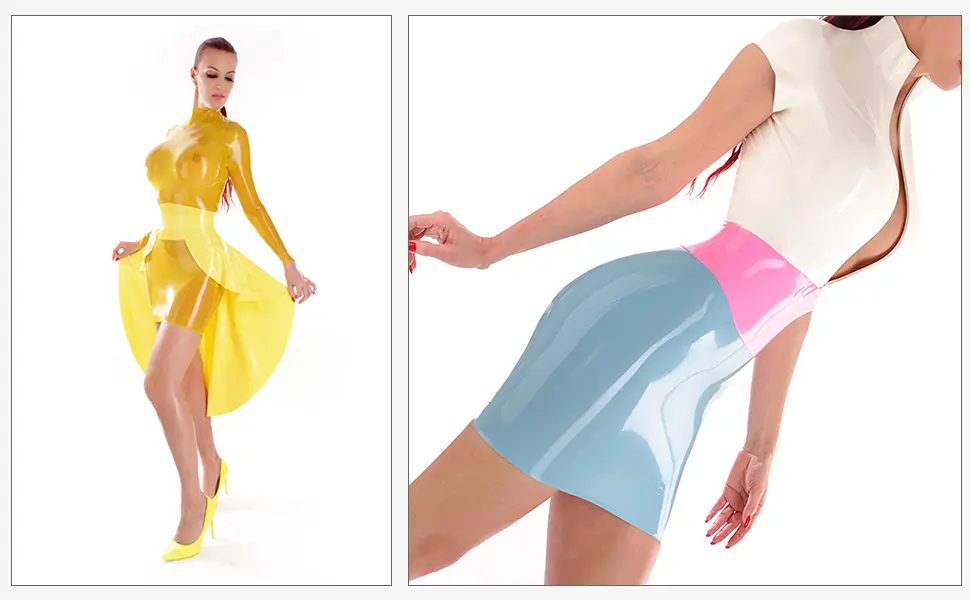 Latex Kleider Fabvielfalt Zwei Frauen präsentieren Latex Kleider Farbvielfalt: eine in Gelb mit passenden Heels, die andere in einem figurbetonten Latexkleid in Weiß, Rosa und Blau.