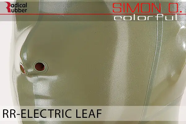 Electric Leaf Latex Farbmuster Electric Leaf für Latexkleidung. Nahaufnahme einer Latexmaske. Der Text lautet „Radical Rubber“ und „Simon O. Colourful RR-Electric Leaf“.