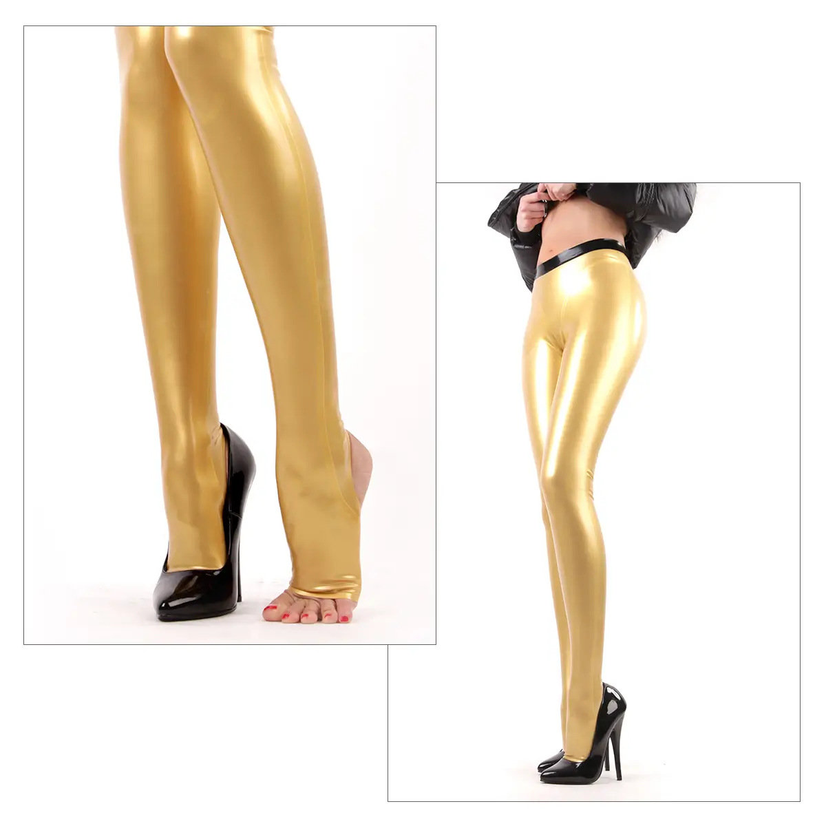 Eine Person in goldglänzender Latexstrumpfhose mit Steg und schwarzen High Heels; ein Bild zeigt nackte Zehen, das andere eine Ganzkörperansicht von der Taille abwärts.