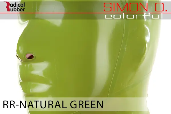 Natural Green Latex Farbmuster Natural Green für Latexkleidung. Nahaufnahme einer Latexmaske. Der Text lautet „Radical Rubber“ und „Simon O. Colourful RR-Natural Green“.