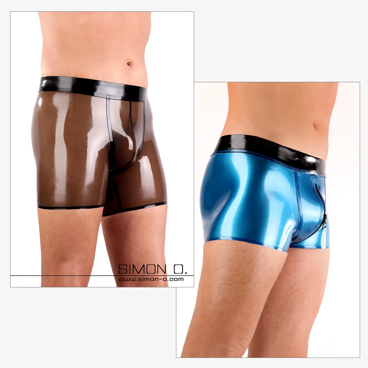 Zwei Personen tragen stylische Latex Shorts für Herren: ein Paar ist transparent braun, das andere metallisch glänzend blau mit schwarzem Bund.