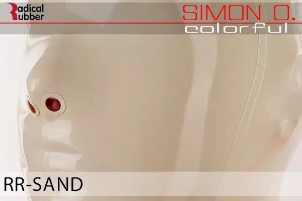 Sand Latex Farbmuster Sand für Latexkleidung. Nahaufnahme einer Latexmaske. Der Text lautet „Radical Rubber“ und „Simon O. Colourful RR-Sand.