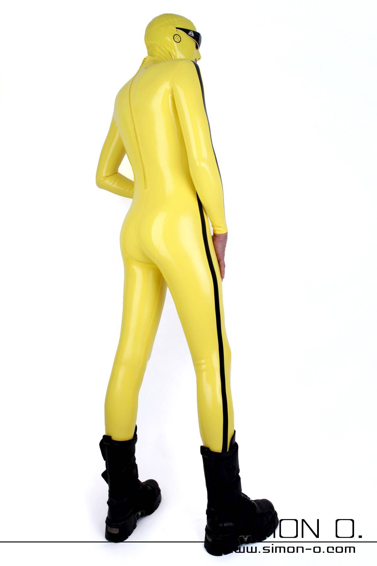 Yellow Latexanzug with mask and hanky code Yellow Latexanzug with mask for men with Hanky Code black stripe