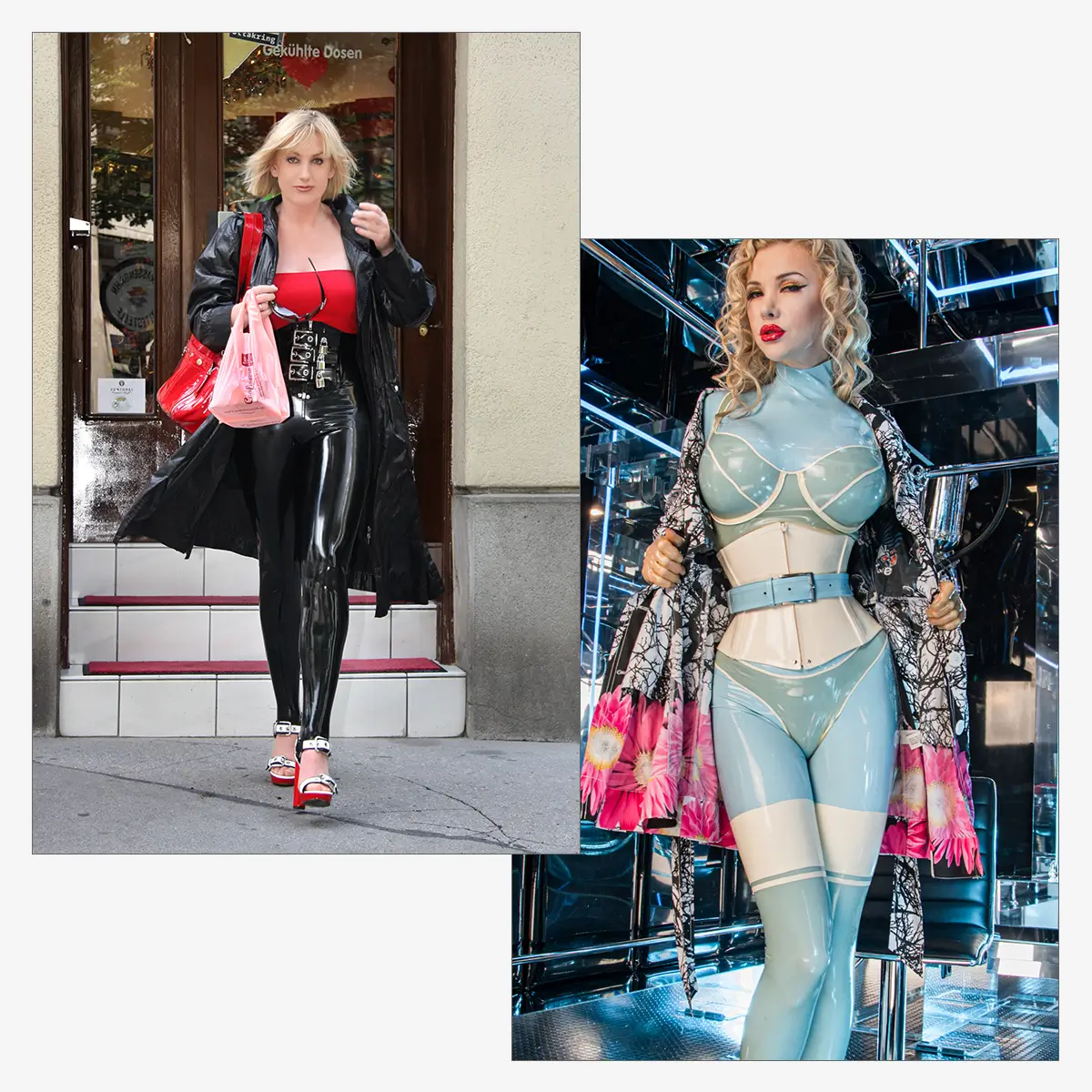 Latex corset in everyday life Two women in latex outfits for everyday life: one wears black trousers, a red top and a coat with pink pockets on a city street, the other wears a black catsuit and a blue latex corset.