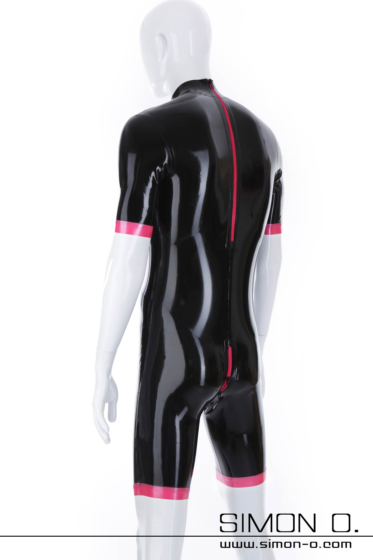 Latex surf suit von hinten Latex Surf Suit in Schwarz mit Zipp im Schritt und Kontrastfarbe an Armen und Beinen von hinten gesehen