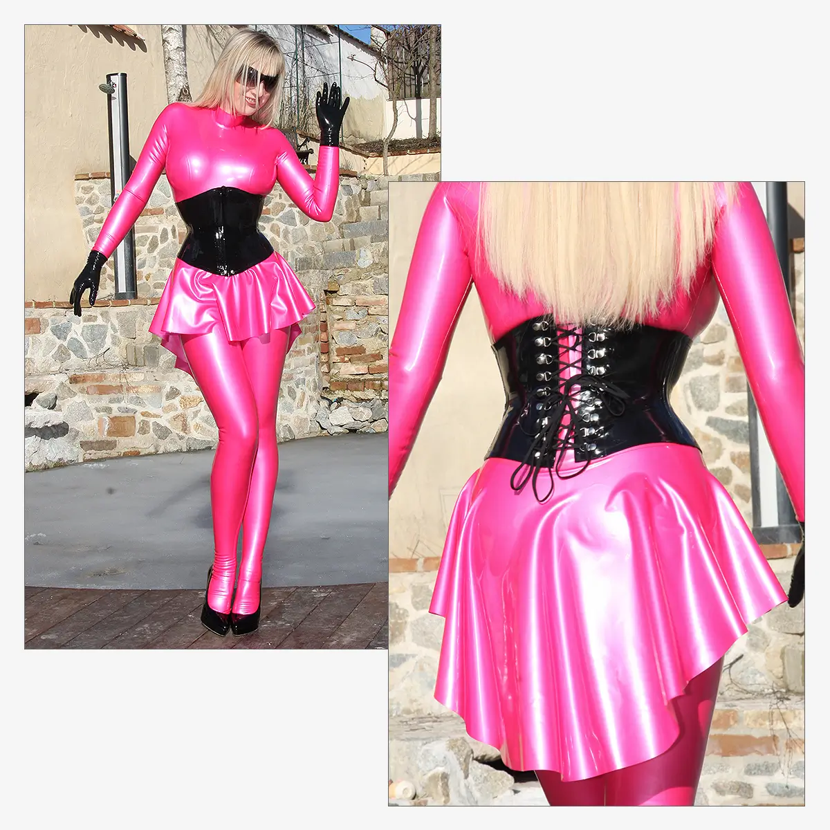 Eine Person in einem glänzenden rosa Latex-Bodysuit mit passendem Rock, taillenformenden Latex-Mieder in schwarz, Handschuhen und High Heels steht im Freien. Von hinten und von vorne gesehen.