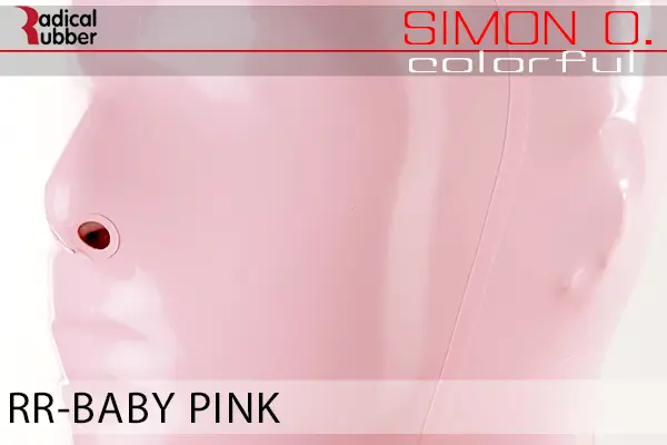 Baby Pink Latex Farbmuster Baby Pink für Latexkleidung. Nahaufnahme einer Latexmaske. Der Text lautet „Radical Rubber“ und „Simon O. Colourful RR- Baby Pink“.