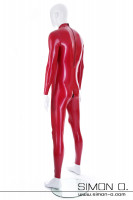 Preview: Latex catsuit in red with codpiece and zipper seen from behind
