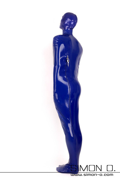 A skintight latex bondage bag in blue A man is bound from head to toe in latex
