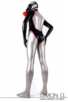 Vorschau: Latexanzug mit Socken und Handschuhen in Silber mit schwarzer und roter Verzierung