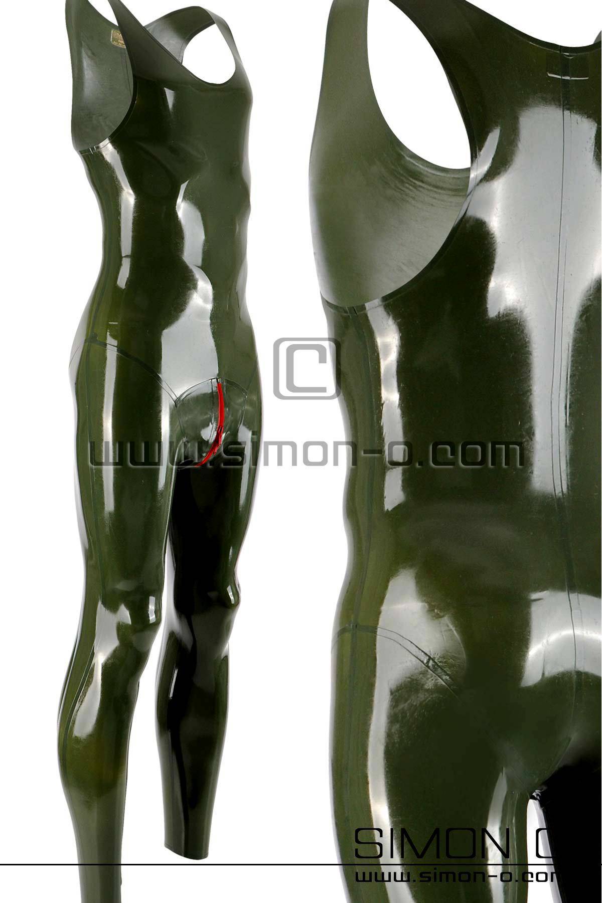 Sleeveless Latex suit with round neckline in olive green for men with zipper in the crotch