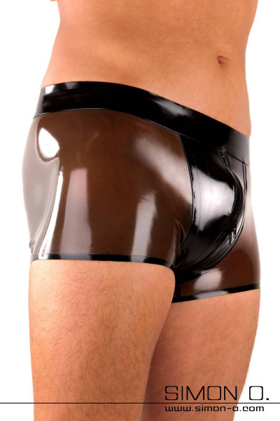 Glänzende enge Latex Shorts mit Ausbuchtung im Genitalbereich und Zipp im Schritt in der Farbe schwarz transparent mit Schwarz
