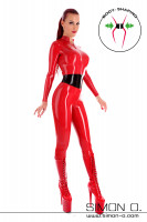 Preview: Skin tight black latex catsuit with zipper in the crotch and red corsetr