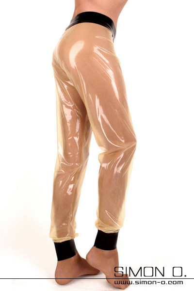 Translucent shiny latex pants with black waistband and leg cuffs