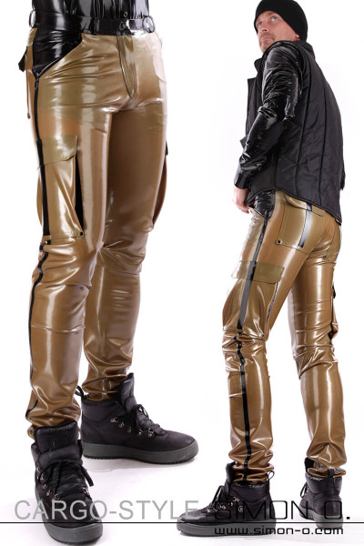 A man wears cargo-style latex trousers with 6 pockets. Side stripes and black trim.