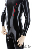 Preview: Black latex catsuit with red lockable chest zip and crotch zipper