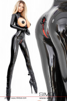 Preview: Black latex catsuit with red bordered openings in the breast area and lockable zipper in the crotch.