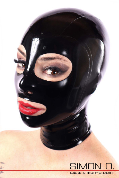 Eng anliegende schwarze Latex Maske mit Augen und Mundöffnung