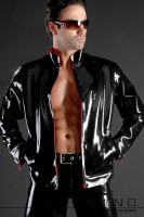 Preview: A man wearing a black shiny latex jacket with pockets