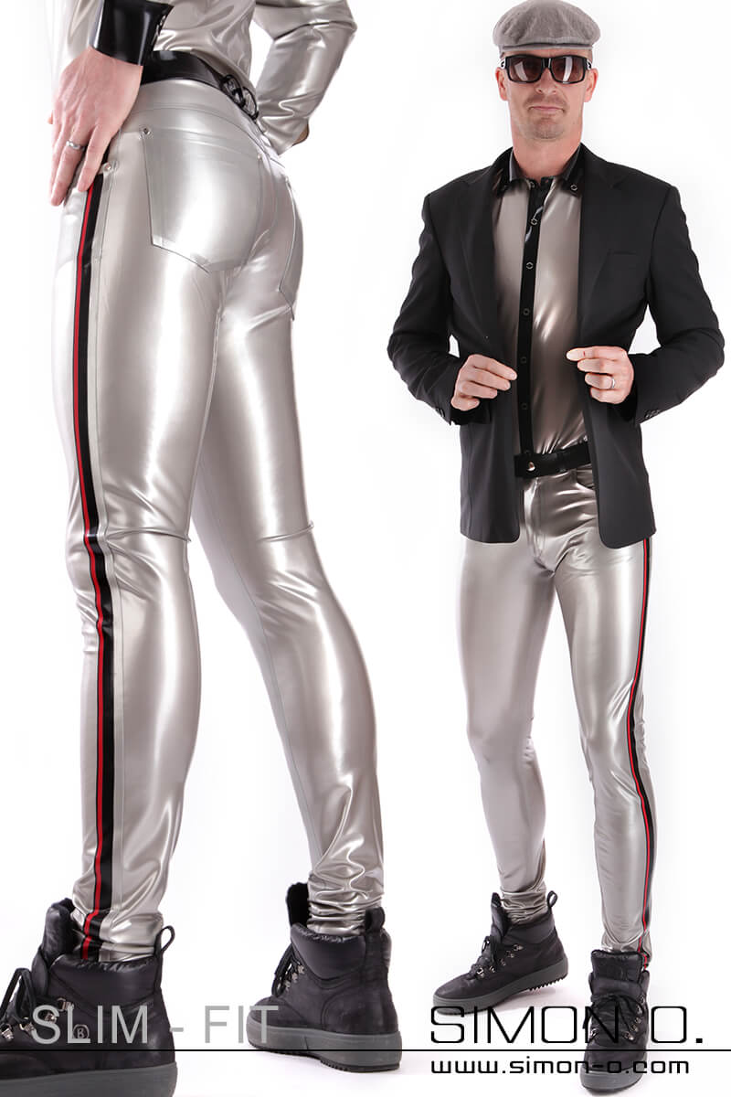 Slim fit latex trousers for men with contrasting colored stripes on the sides. The trousers are metallic anthracite and have a shiny surface.