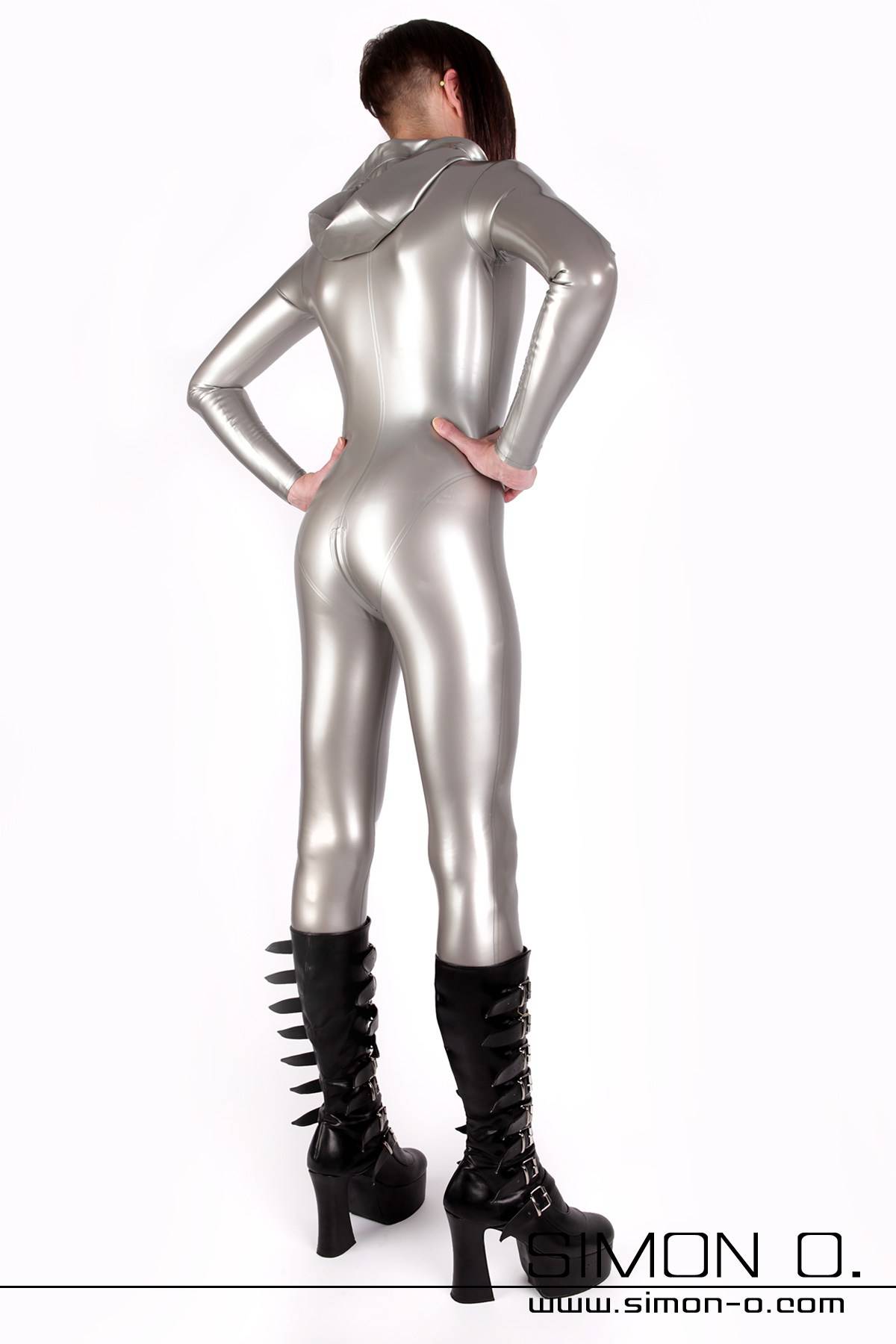 latex suit with hood and black cord in silver with skintight fit from the front