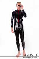 Preview: Skin tight black hooded latex suit with a red zipper in front.