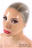 Preview: A woman wears a tight-fitting, thin, transparent latex hood