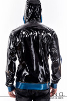 Preview: Latex jacket with pockets and hood in black with blue seen from behind