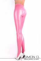 Vorschau: Eine Frau trägt eine enge glänzende Push Up Latex Strumpfhose in Pink mit einem weißen Reißverschluss durch den Schritt - von hinten abgebildet