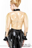 Preview: Latex blouse in transparent with black lapel collar and cuffs with frills bordered