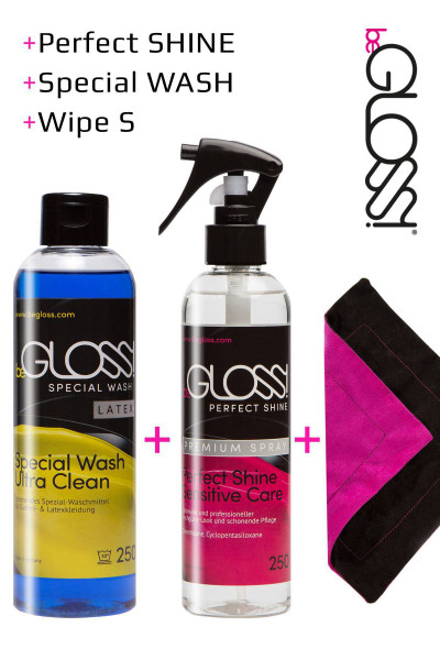 Care set for latex clothing from beGloss consisting of detergent, a latex polish in the spray bottle and a special cloth for the shine