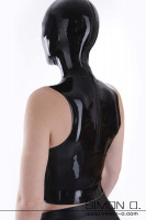 Preview: A woman wears a latex top with a latex hood in black - seen from behind.