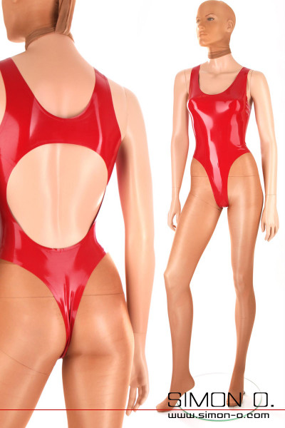 Red latex swimsuit with back cutout
