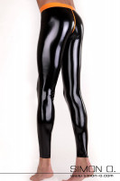 Preview: Skin tight black latex leggings with waistband and seat seam contrast color orange