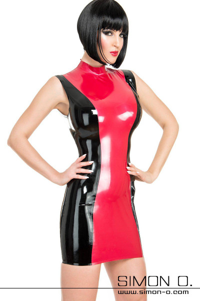 Skin tight latex mini dress in red with black front view
